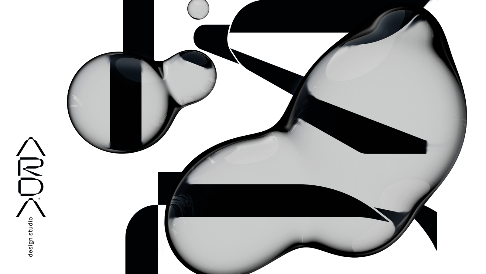 ARDA key visual — oversized letterforms with liquid chrome forms