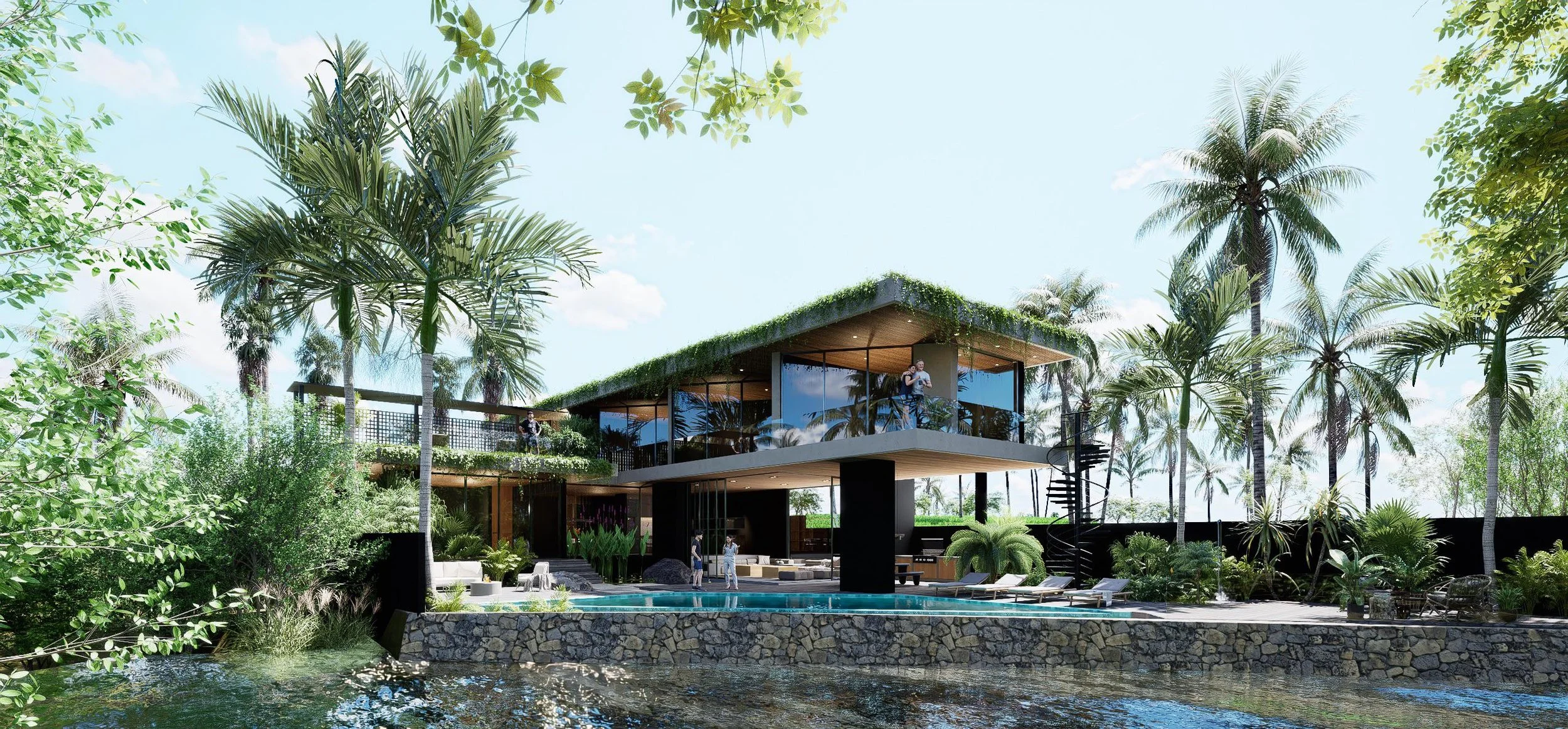Villa C in Bali — open ground floor following the rice plateaus descending towards the river, the upper floor hovering above the land and framing the sky, with an independent living unit housing the clients’ main quarters