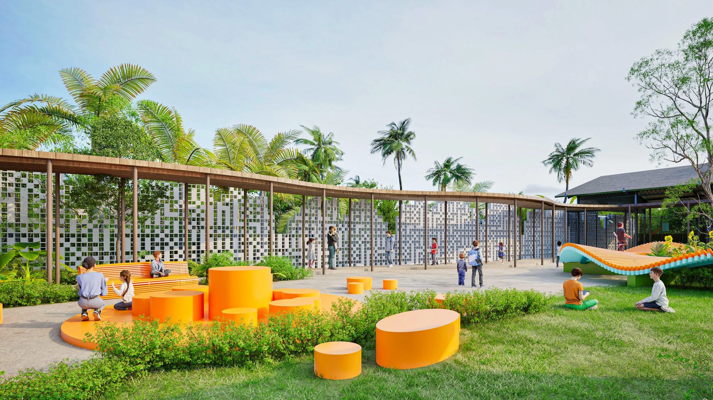 Grow in Kedungu School — the ground level belongs to the garden, children moving between earth and structure without crossing a boundary, while a second plane floats above, revealing the school as part of a larger city