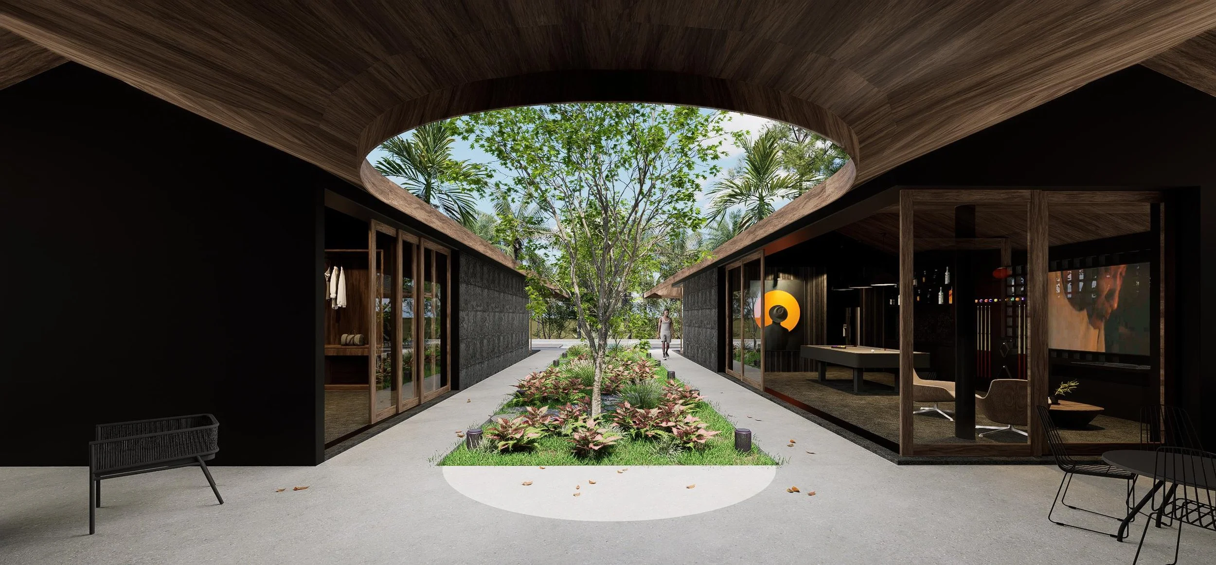 Villa J, Bali — real openness to the outside, with no windows or doors between the common areas and the garden; the extended joglo roof protects from sun and rain