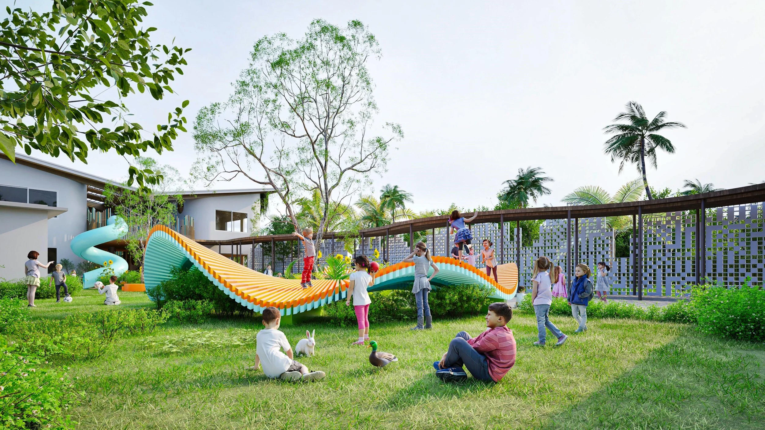 Grow in Kedungu School — an open playground with unconventional landscaping and farm animals; the building embraces the outdoors as much as the playground