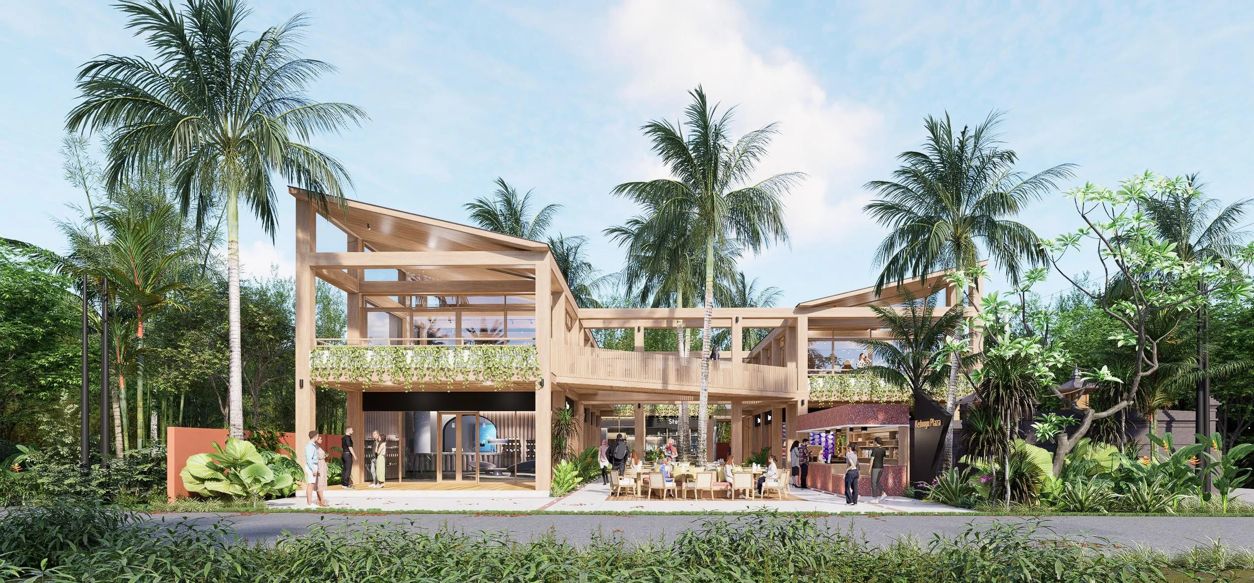 Kedungu Plaza, Bali — timber-structure retail building with commercial activities in an open street-level floor plan and a coworking space on the second floor