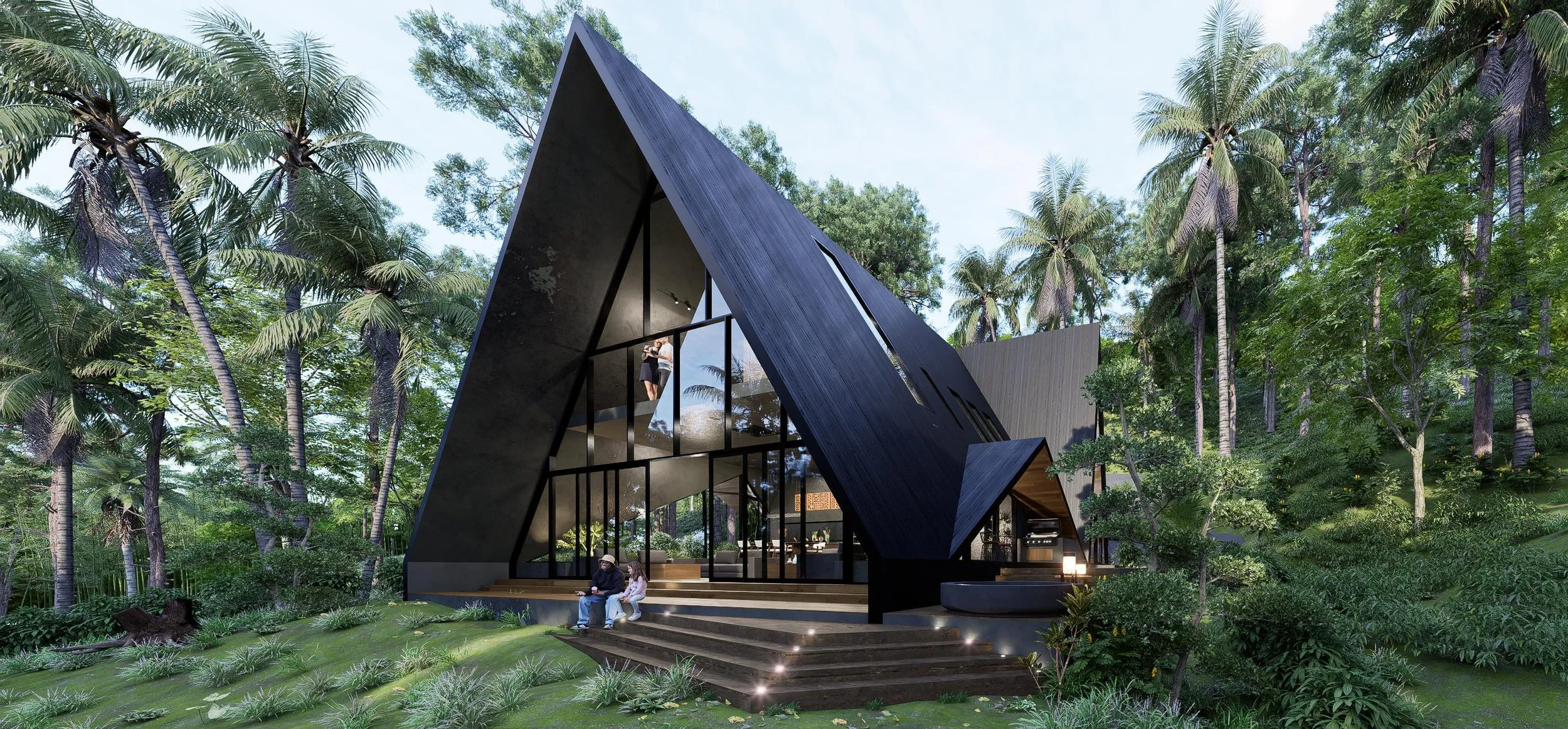 A Villa, Bali — a re-reading of the A-frame structure, scaled to mansion dimensions on both axes to create spaces that touch the scale of the surrounding trees